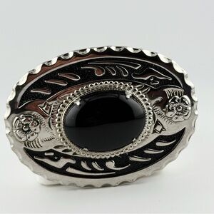 Western Oval Black Onyx Style Belt Buckle Silver Tone Floral Scalloped Cowboy